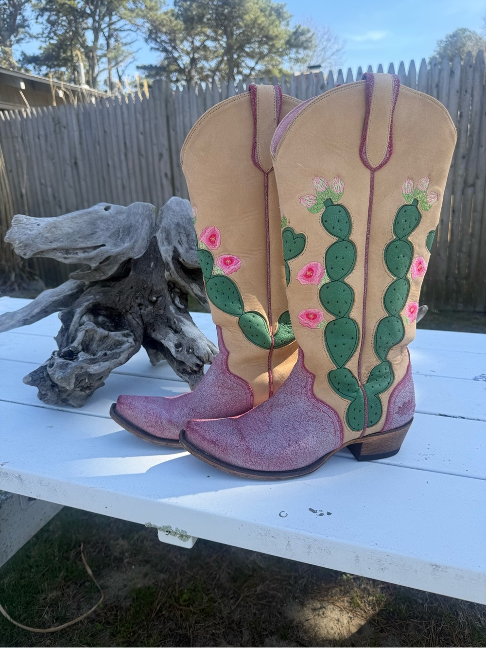 Western Cactus Embroidered Pink Tan Leather Heeled Boots